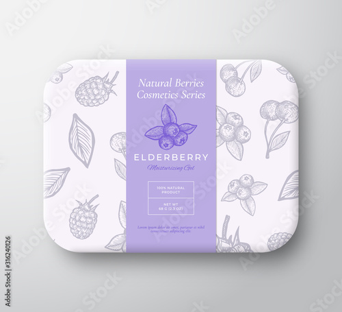 Elderberry Bath Cosmetics Package Box. Abstract Vector Wrapped Paper Container with Label Cover. Packaging Design. Modern Typography and Hand Drawn Berries Background Pattern Layout.