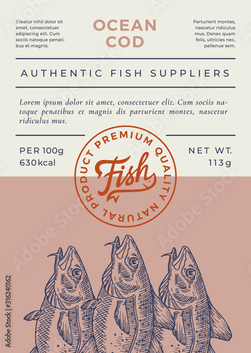 Ocean Fish Abstract Vector Packaging Design or Label. Modern Typography Banner, Hand Drawn Codfish Silhouette with Lettering Logo Stamp. Color Paper Background Layout.