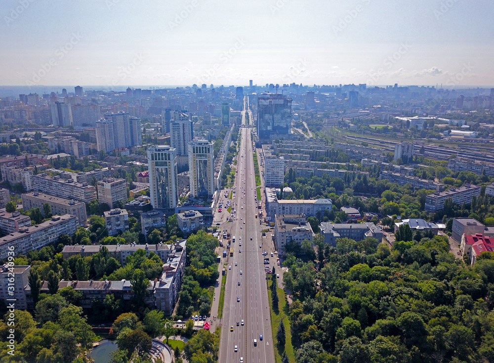 Aeiral drone view. Direct road in Kiev.