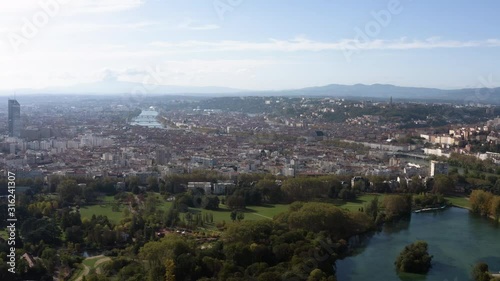 Lyon aerial view. Second big city of France and one of the great historic cities of Europe. The capital city in Auvergne-Rhone-Alpes region ft above view cityscape skyline and Rhone, Saône rivers photo