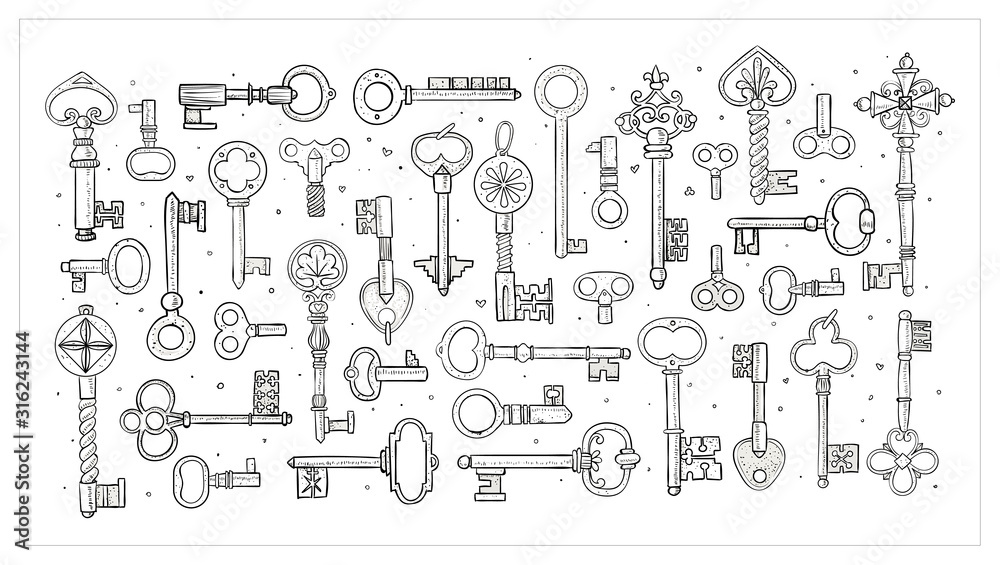 Big collection of doodle vintage keys on white background. Doodle sketch illustration.