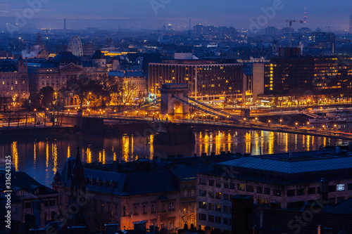 Morning view of illuminated Parliament building in Budapest,