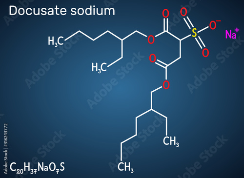 Docusate, dioctyl sulfosuccinate, docusate sodium, C20H37NaO7S molecule, is a stool softener for the treatment of constipation as a common laxative.  Dark blue background photo