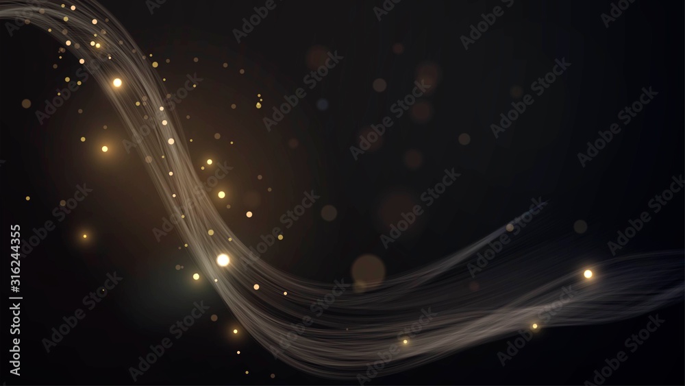 Black background with golden wave and golden blurred dust, abstract background with bokeh effect sparks