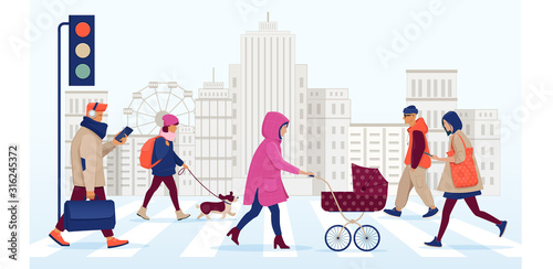 People walking on safe crosswalk in the city