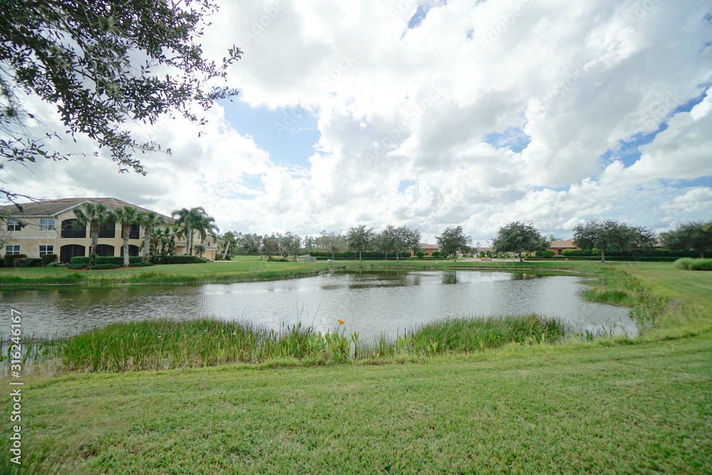 Fototapeta premium landscape with lake and blue sky