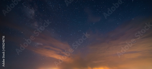 Starry sky and clouds. Long exposure. Night photography. Astronomical background.