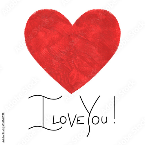 Valentine's Day template design with big red watercolor heart illustration and hand drawn lettering - I love you