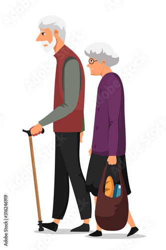 Senior man and woman couple crossing road on white