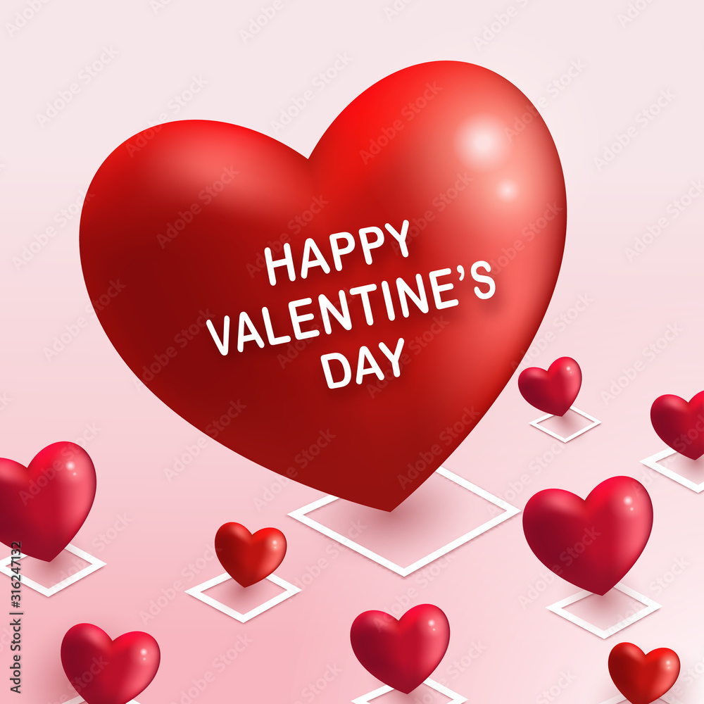 Big red heart shape and many small heart placing on pink floor as location pin with Happy Valentines Day text. 3D depth isometric like vector illustration. Love event and romantic wedding theme.