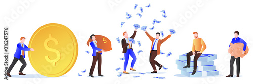 Rich men with money. Vector illustration. Wealth, investment and success design elements. Making money concept