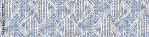 Grey french linen vector texture seamless border pattern. Brush stroke grunge woven abstract banner background. Country farmhouse style textile. Irregular distressed marks ribbon trim in gray blue.