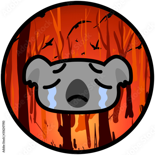 weeping koala icon on a burning Australian forest background. Vector cartoon illustration