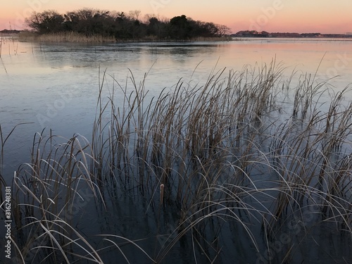 Ukiyo-e-like Dusk on the lake shore in winter.                                            