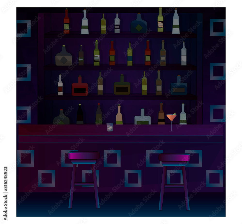 a bar in a night club. shelves with drinks. bar counter. two bar stools, cocktails a bar in a night club. shelves with drinks. bar counter. two bar stools, cocktails