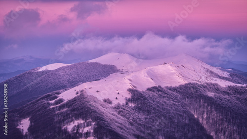 Splendid sunrise in the mountains. Carpathian Mountains. Bieszczady National Park. Poland.