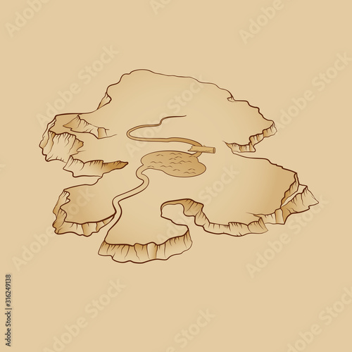 Template with Pirate Island on Old Paper. Sepia engraved template of treasure island map parchment. Image Stylized Manuscript of Treasure Island on Vintage Paper.