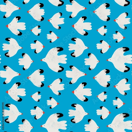 Hand drawn white birds with red beaks. Colorful seamless pattern. Blue background. Wallpaper  wrapping paper. Naive art