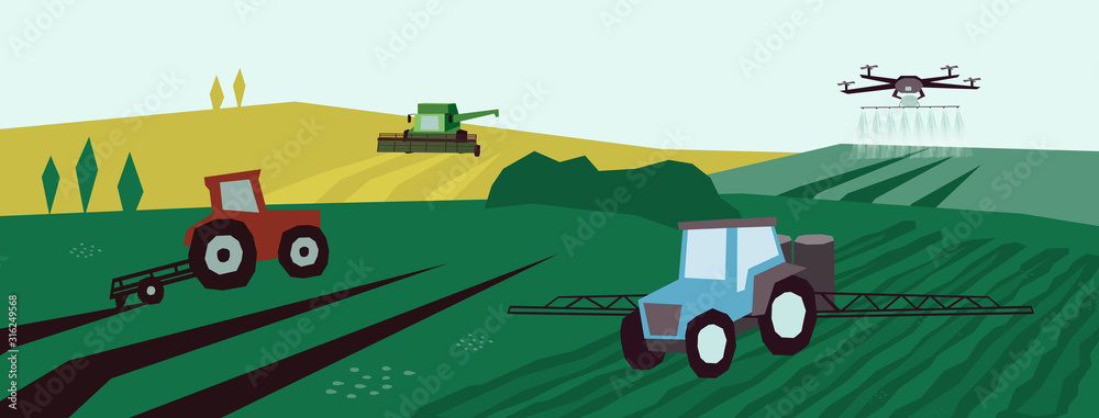 Farm landscape with agri machinery. Irrigation system, tractor, combine harvester and drone on agricultural fields. Vector illustration of smart farming, industry, innovation technology in agriculture - obrazy, fototapety, plakaty 