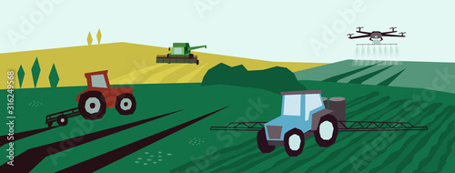 Farm landscape with agri machinery. Irrigation system, tractor, combine harvester and drone on agricultural fields. Vector illustration of smart farming, industry, innovation technology in agriculture