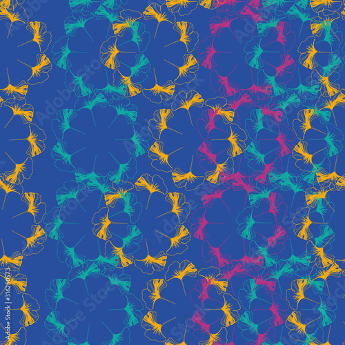 Vector seamless pattern ginko wax with green, yellow, purple ginkgo leaves and blue background
