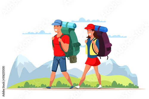 Young man and woman couple travelling in mountains