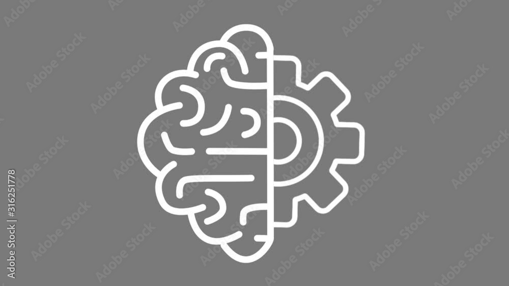 Animated icon flat design simple lines form half brain half gear rotating alpha aware Animated icon flat design simple lines form half brain half gear rotating alpha aware