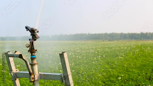 Close up footage of working irrigation sprincler on an agricultural field photo