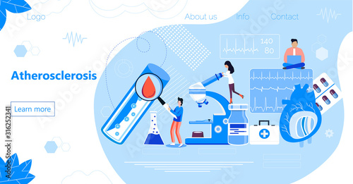 Atherosclerosis is treated by tiny doctors. High cholesterol blood pressure concept vector illustration . It is healthcare landing page, website, app