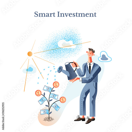 Smart investment flat vector illustration. Smiling businessman watering money tree cartoon character. Happy entrepreneur in formal wear. Successful investor, startup, business idea.