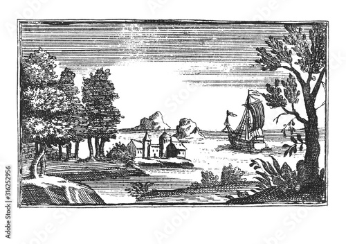 Modified antique vintage engraving or drawing of romantic beautiful seaside landscape with monastery or church, sailing boat and trees. Original illustration from Book Die Betrubte Und noch Ihrem