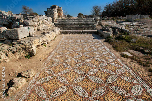 Ancient stone mosaic at destroied basilica in antique greece city Hersones in Sevastopol, Crimea photo