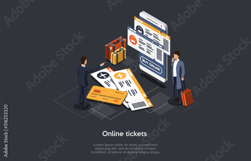 Isometric Travel and Tourism Concept. Online Buying Or Booking Bus or Airline Tickets. Travel, Business flights worldwide. Flat 3d Isometric Vector illustration
