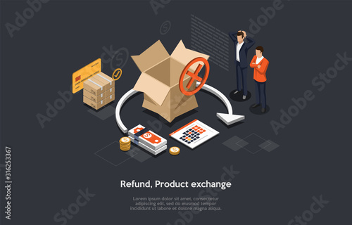 Isometric Illustration of Product Refund Or Exchange. The Process of Taking Product Back. Retail Process When the Customer Exchange Goods to Finance. Scene of Cancel Deal With Money back