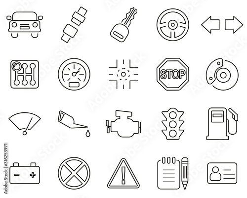 Driving School Icons Black & White Thin Line Set Big