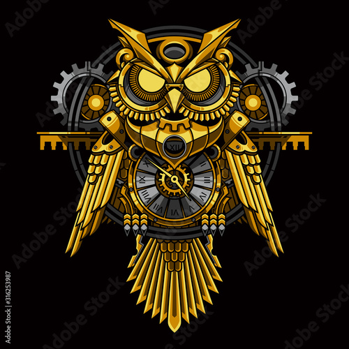 gold owl steampunk illustration and   tshirt design