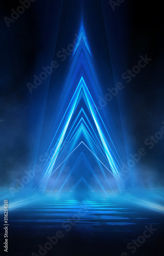 Abstract futuristic blue neon background. Lines and light rays. Abstract light. Empty stage light element in the center. Night view.