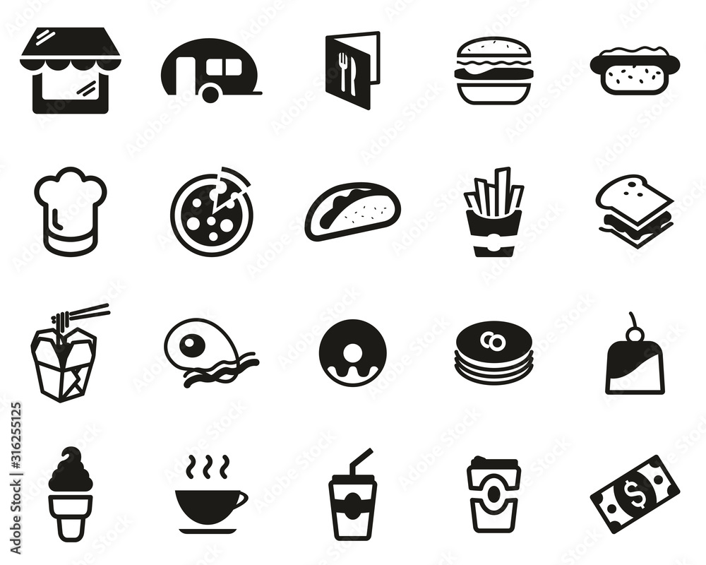 Fast Food Restaurant Or Fast Food Stand Icons Black & White Set Big Fast Food Restaurant Or Fast Food Stand Icons Black & White Set Big