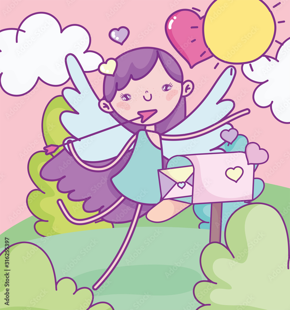 happy valentines day, cute cupid with arrow mailbox hearts landscape happy valentines day, cute cupid with arrow mailbox hearts landscape