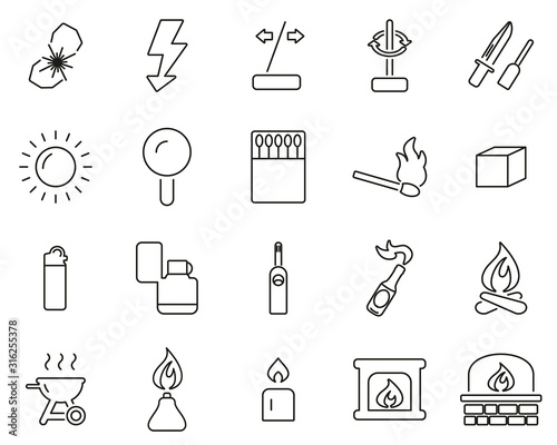 Fire & Fire Making Tools Icons Black & White Thin Line Set Big