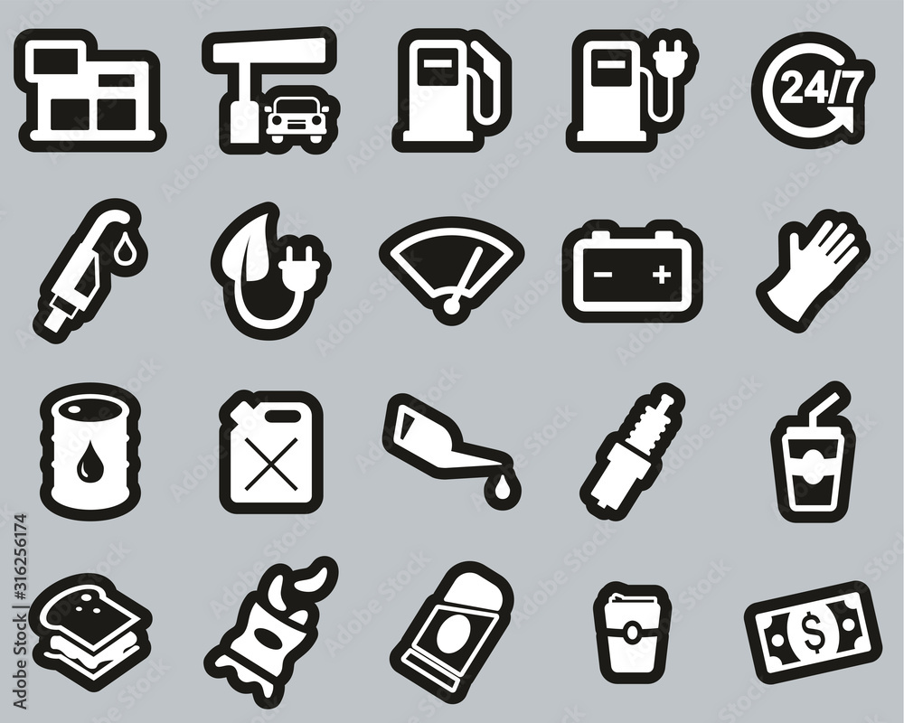 Gas Station Or Gas Pump Icons White On Black Sticker Set Big Gas Station Or Gas Pump Icons White On Black Sticker Set Big