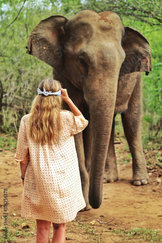 Canvas Print Girl tourist with blondy hair standing near an elephant in the jungle, Sri Lanka