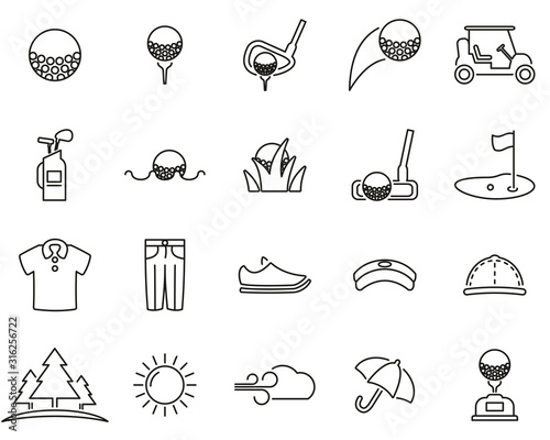 Golf Sport & Golf Equipment Icons Black & White Thin Line Set big