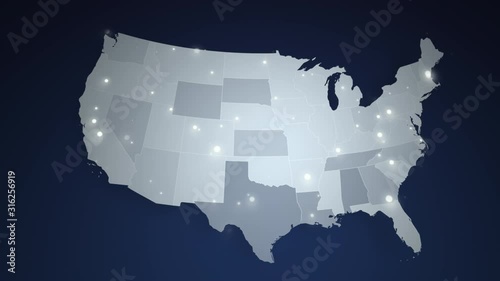 Cinematic United States Map with flickering lights. View of light grey scientific map rotates on dark navy blue background. Animated hud map with city light at night