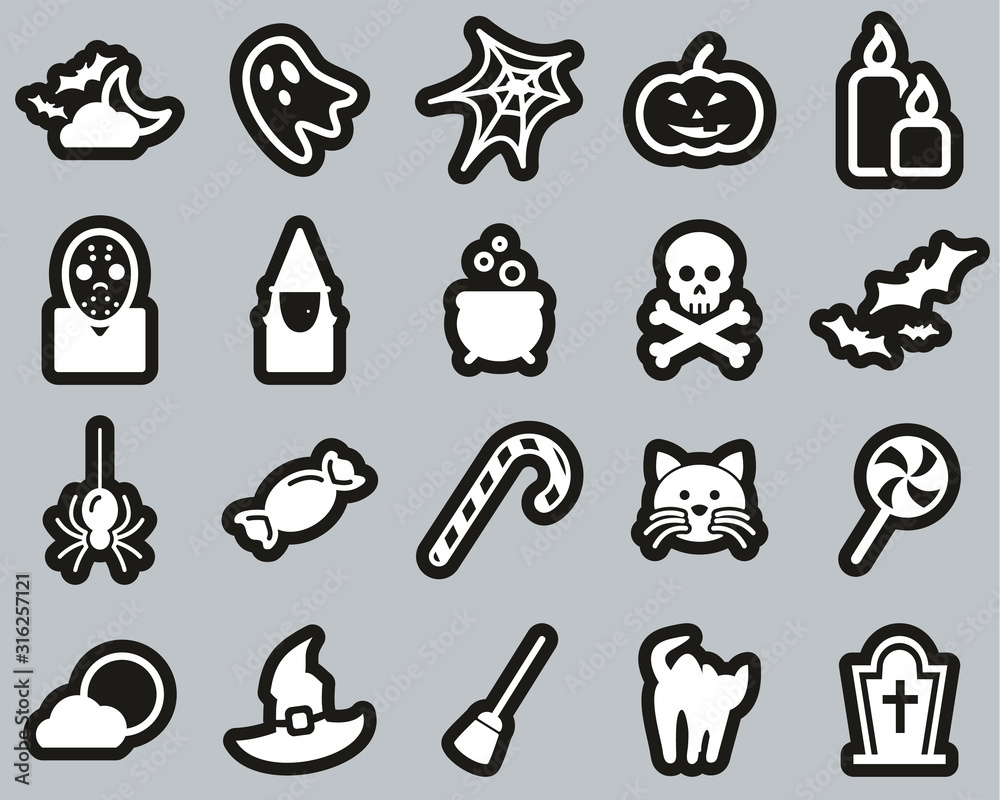 Halloween Holiday & Culture Icons White On Black Sticker Set Big