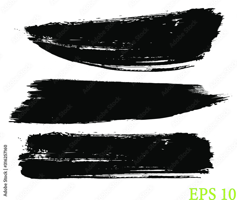 Vector black paint brush spots, highlighter lines or felt-tip pen marker horizontal blobs. Marker pen or brushstrokes and dashes.Brush strokes, Black ink grunge brush strokes.Black inked splatter.