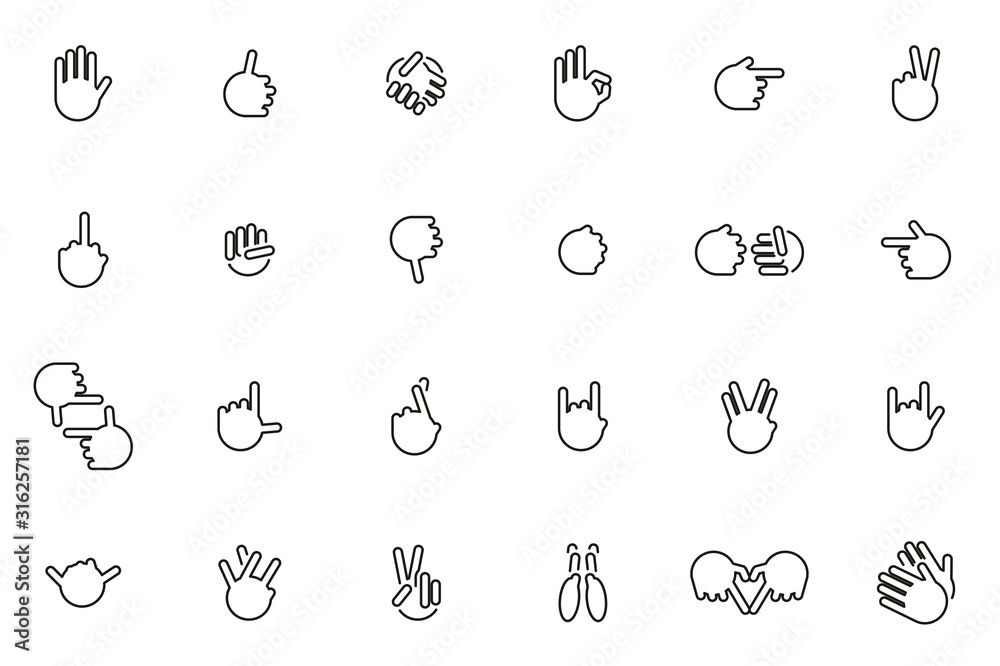Hand Signs & Hand Gestures Icons Black & White Thin Line Set Big