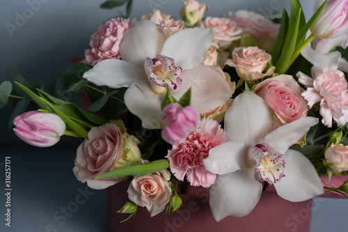 Wedding flowers  bridal bouquet closeup. Decoration made of roses  peonies and decorative plants  close-up  selective focus  nobody  objects