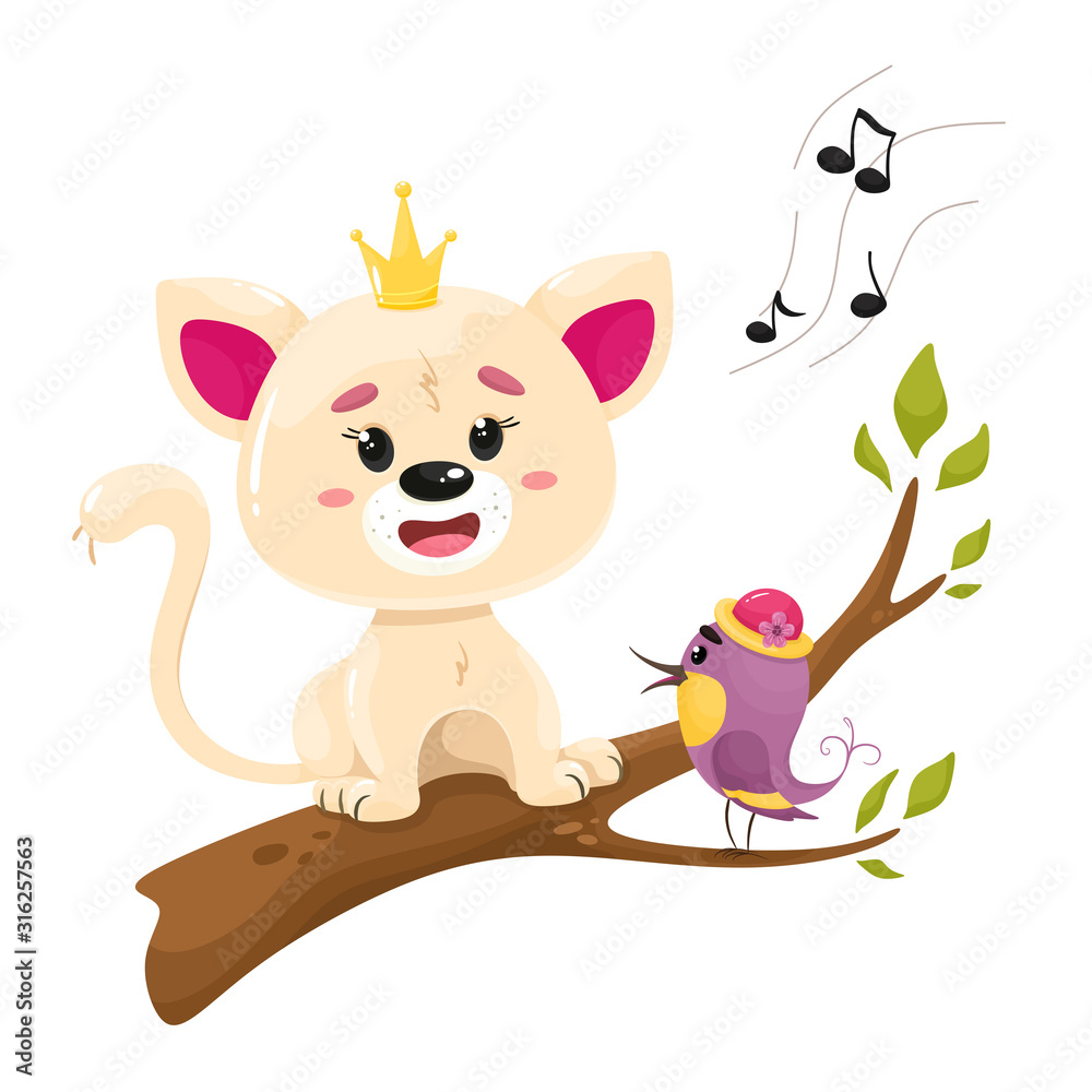 Fototapeta premium Cute kitty with a bird is singing on a tree. Vector illustration in cartoon flat style. White background.