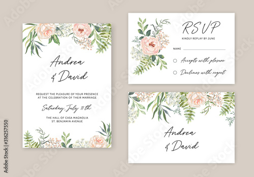 Wedding cards design. Pink rose, peony flowers, green leaves bouquets. Vector illustration. Floral arrangements. Invitation template background